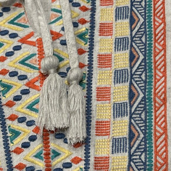 Savanna Jane Top Womens Large Embroidered Blouse Boho Tassels Linen Blend Beige - Picture 6 of 7